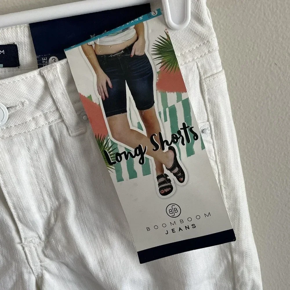 Boom Boom Women SZ 3 White Distressed Long Bermuda Denim Jean Shorts NWT